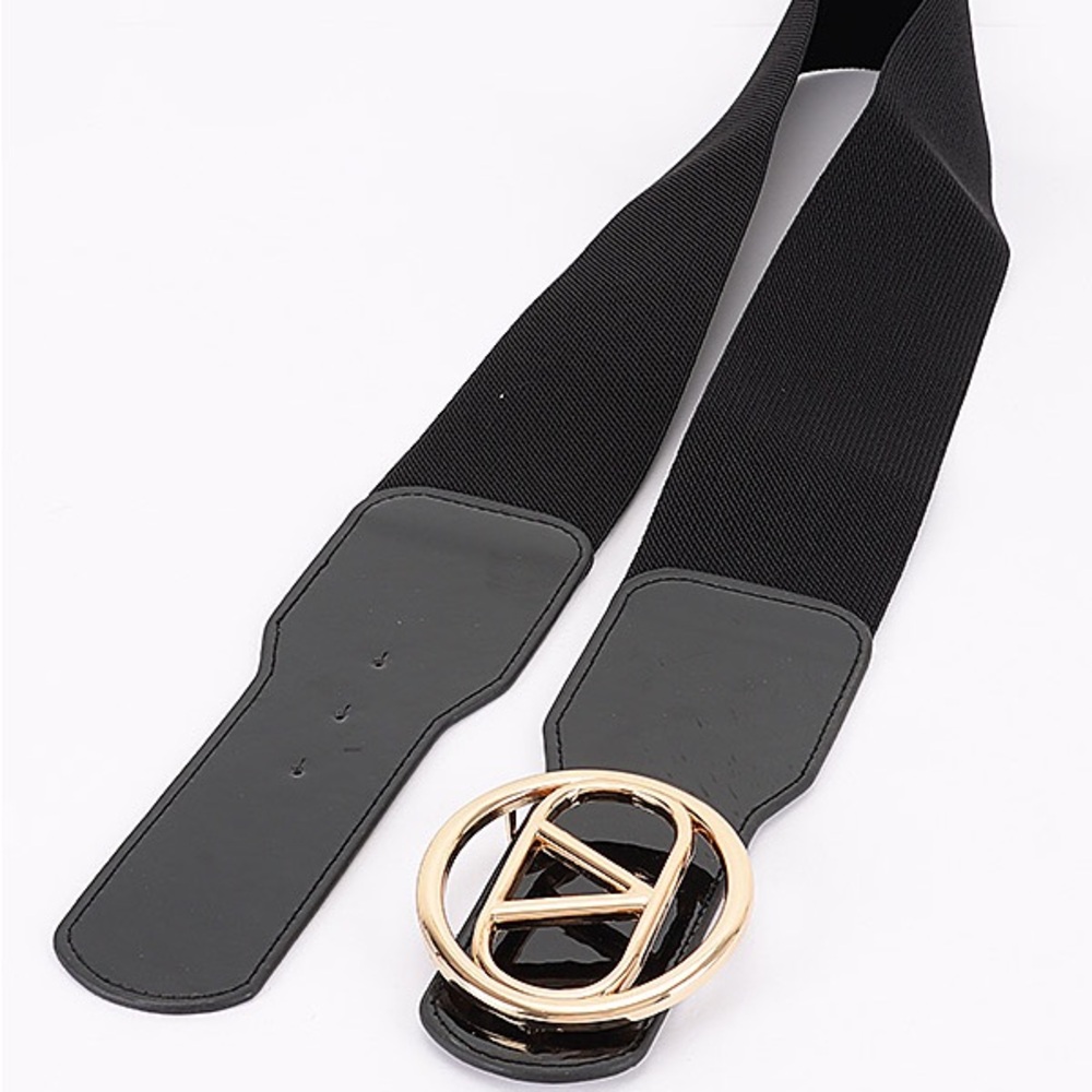 Black Elastic Waist Statement Belt with Gold V Buckle